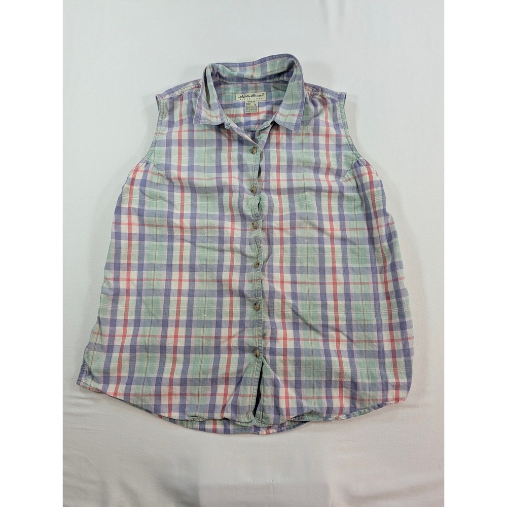 Eddie Bauer Womens Large Plaid Sleeveless Button Down Shirt Cotton Blue Green L